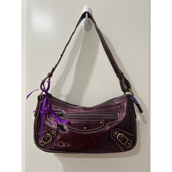 Helen Welsh Made in Italy Purple Metallic 90s Y2K Leather Shoulder Bag - Picture 3 of 12